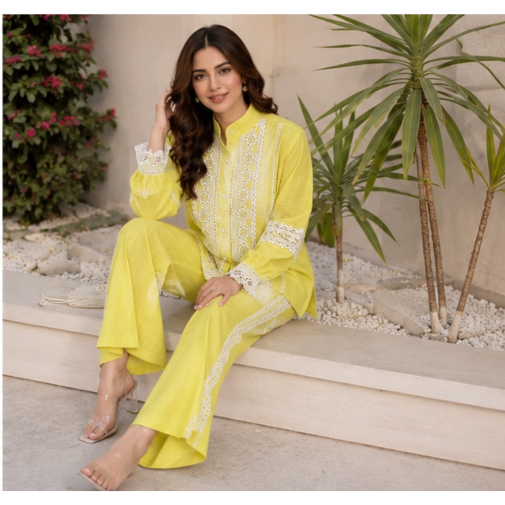 Women's Breeze Cotton Lace Work Cord Set | Premium Summer Co-Ord Set with Straight Pants | Yellow