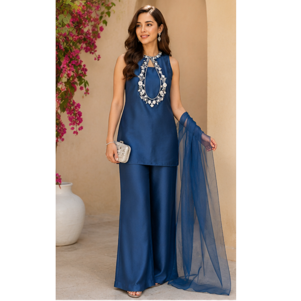 Women's Navy Blue Embroidered Kurta Pant Set with Dupatta