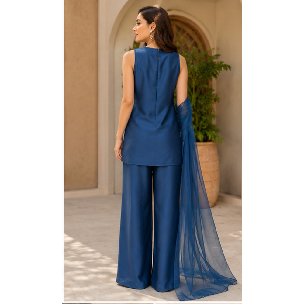Women's Navy Blue Embroidered Kurta Pant Set with Dupatta