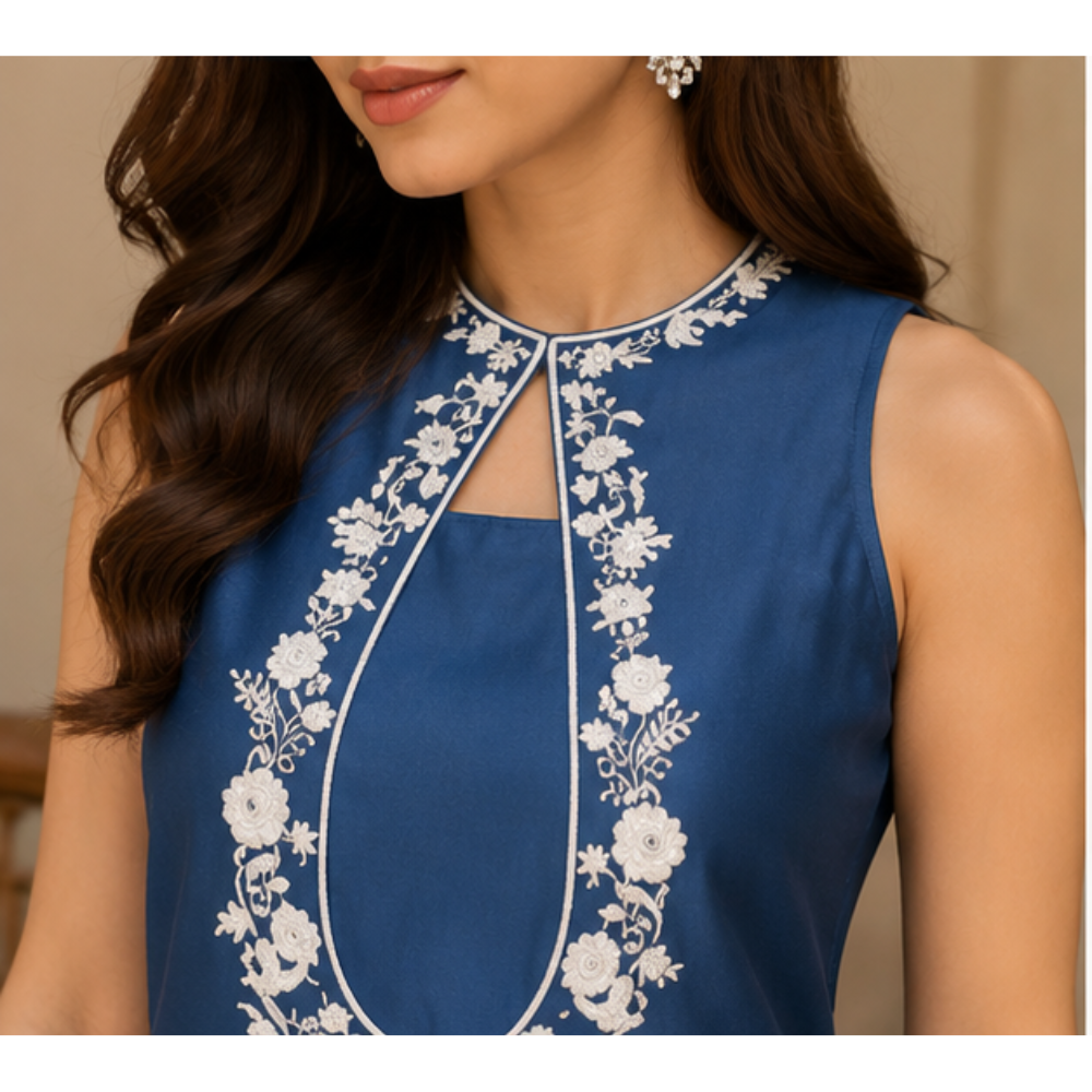 Women's Navy Blue Embroidered Kurta Pant Set with Dupatta