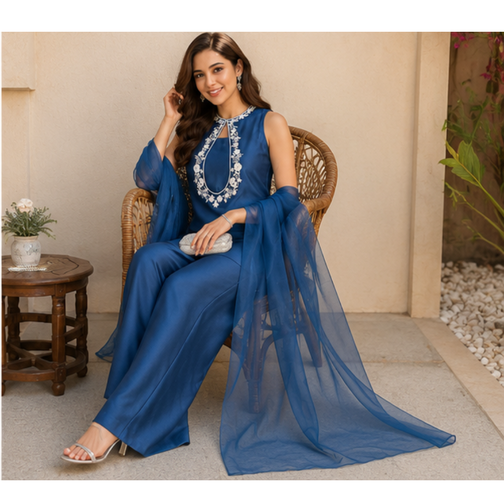 Women's Navy Blue Embroidered Kurta Pant Set with Dupatta