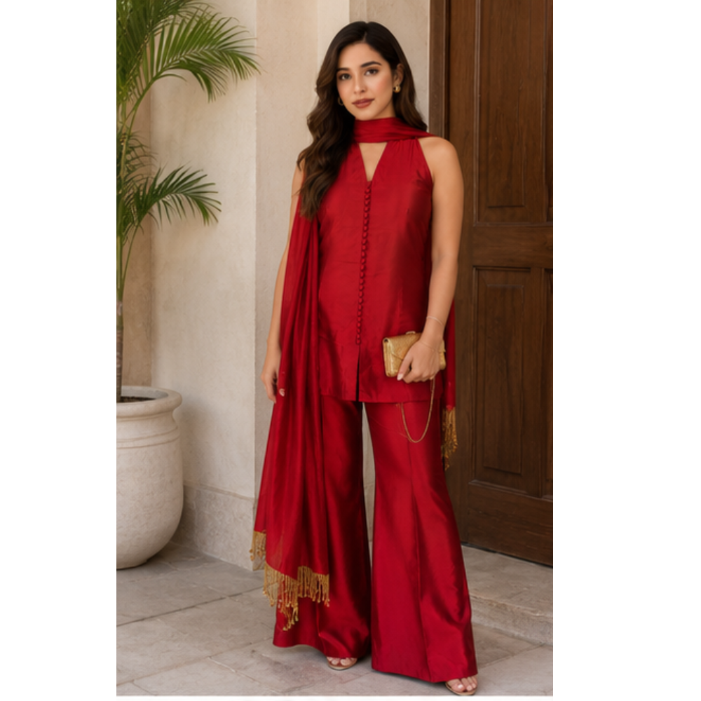 Women's Red Sleeveless Kurta Pant Set with Dupatta