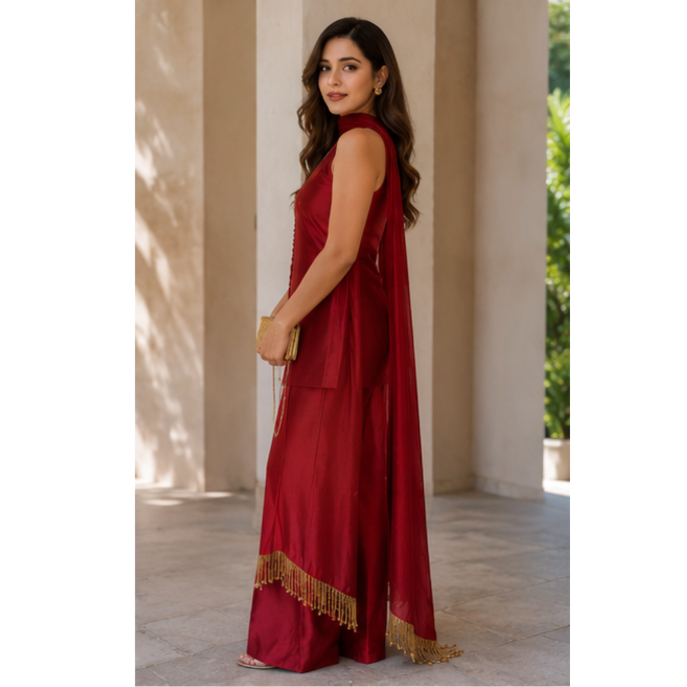 Women's Red Sleeveless Kurta Pant Set with Dupatta