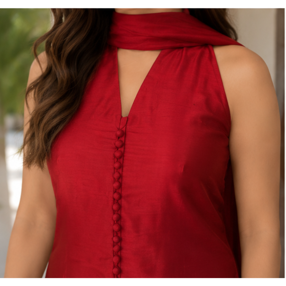 Women's Red Sleeveless Kurta Pant Set with Dupatta