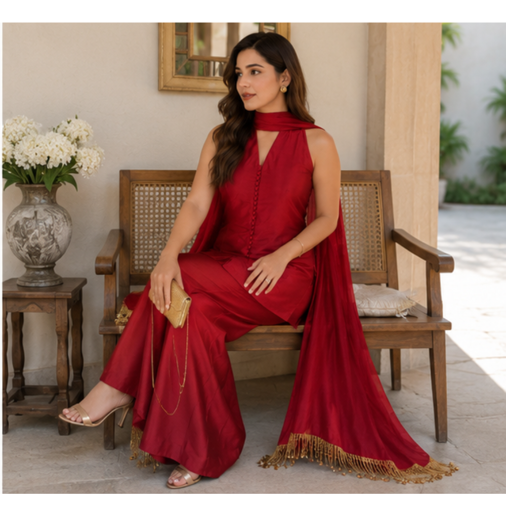 Women's Red Sleeveless Kurta Pant Set with Dupatta