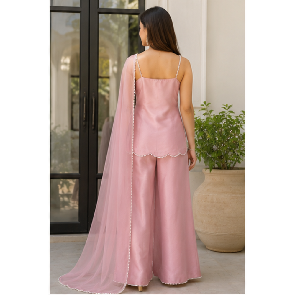 Women's Blush Pink Pearl Work Kurta Pant Set with Dupatta