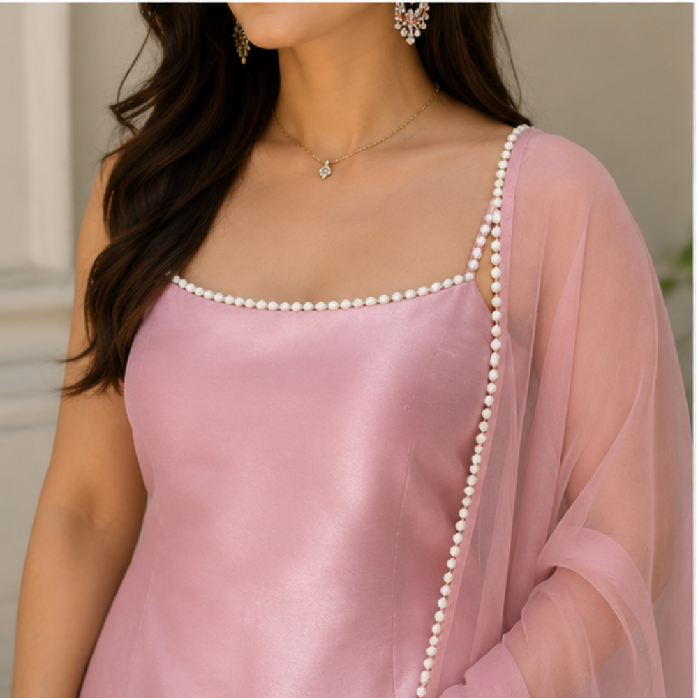 Women's Blush Pink Pearl Work Kurta Pant Set with Dupatta