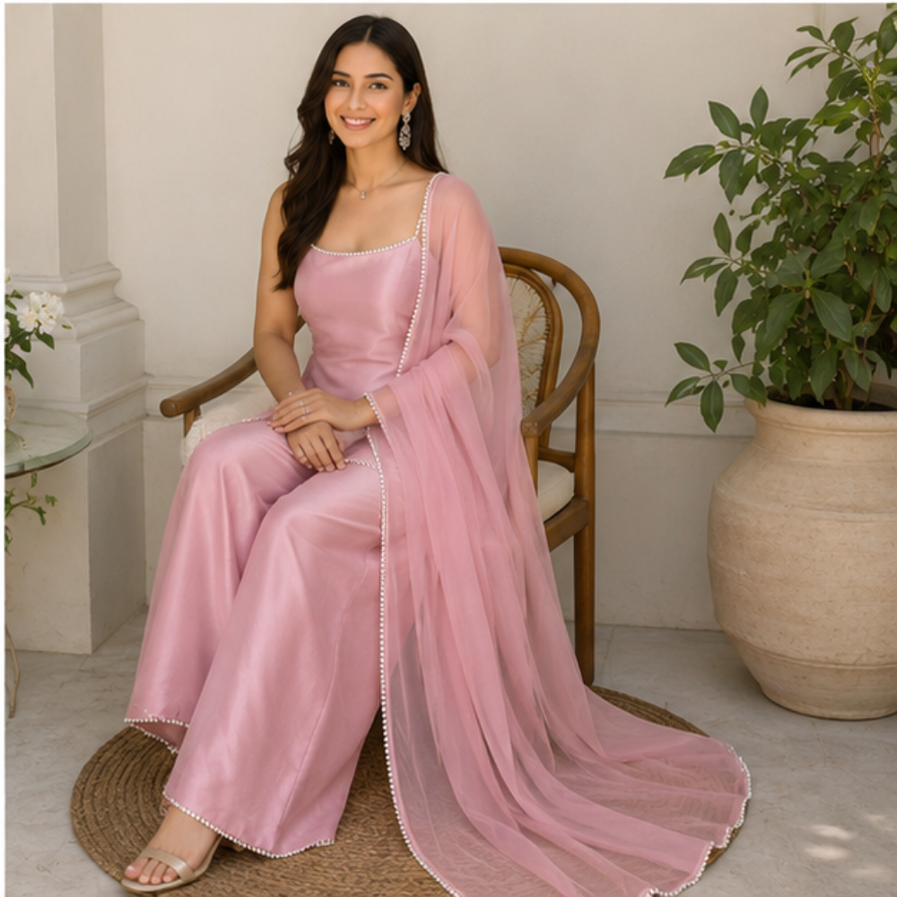 Women's Blush Pink Pearl Work Kurta Pant Set with Dupatta