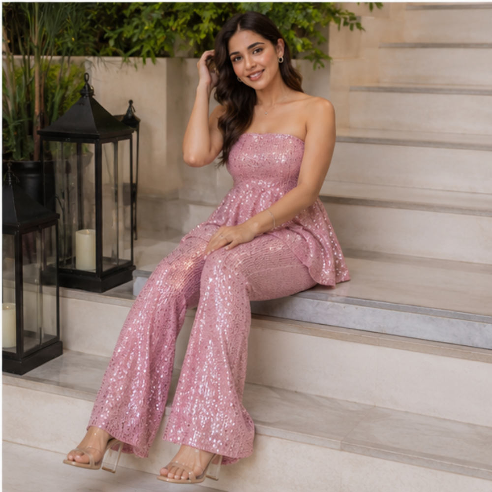 Women's Blush Pink Sequin Peplum Party Wear Suit