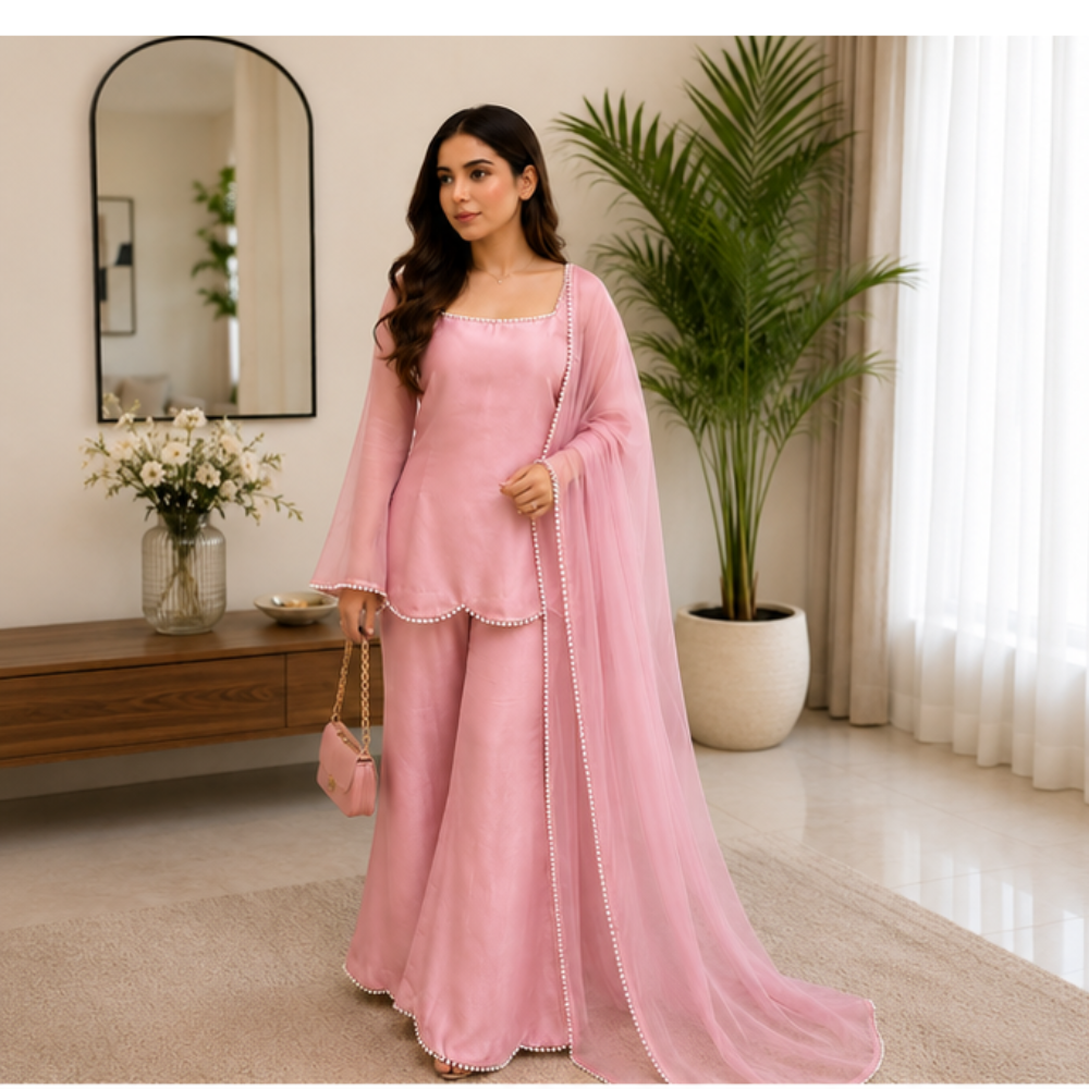 Women's Blush Pink Pearl Work Kurta Pant Set with Dupatta