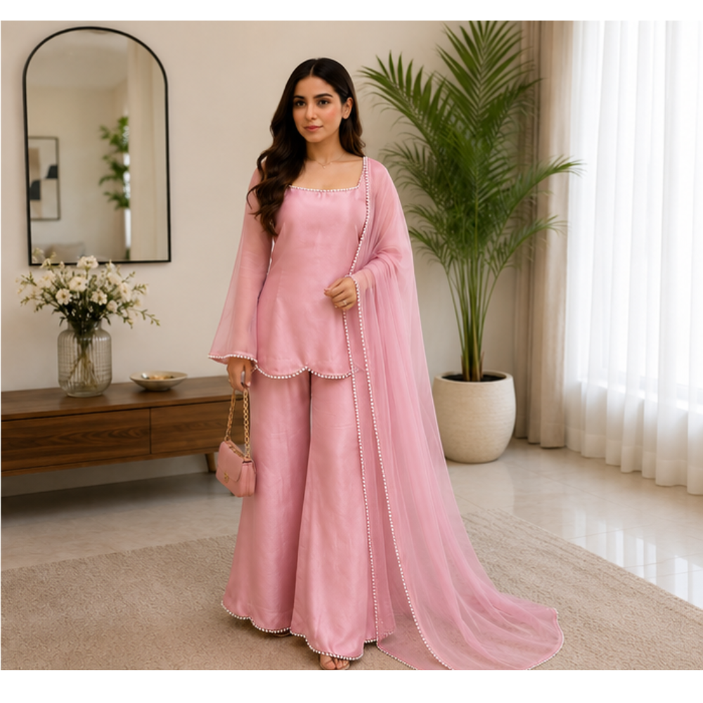 Women's Blush Pink Pearl Work Kurta Pant Set with Dupatta