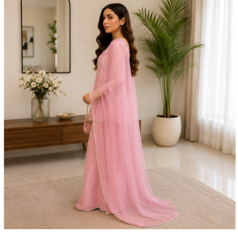 Women's Blush Pink Pearl Work Kurta Pant Set with Dupatta