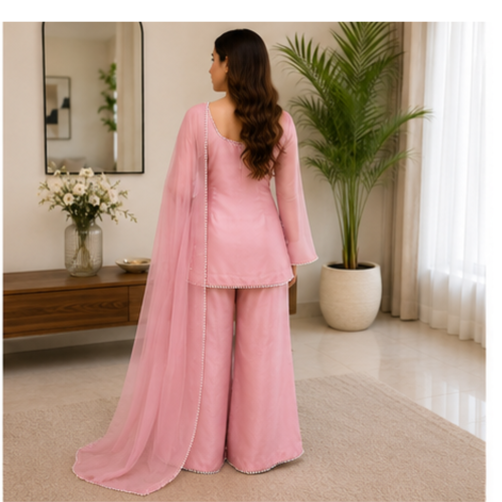 Women's Blush Pink Pearl Work Kurta Pant Set with Dupatta
