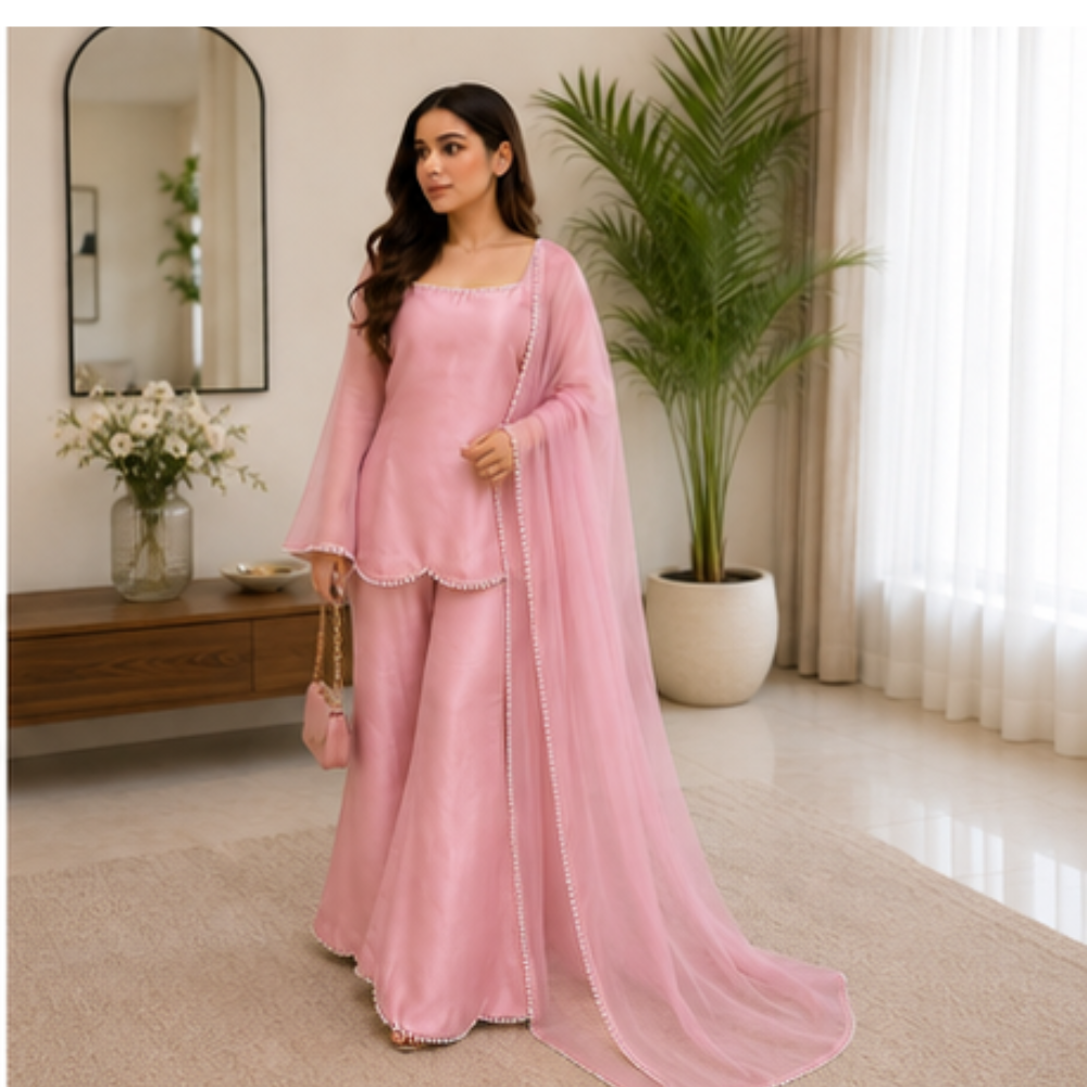 Women's Blush Pink Pearl Work Kurta Pant Set with Dupatta