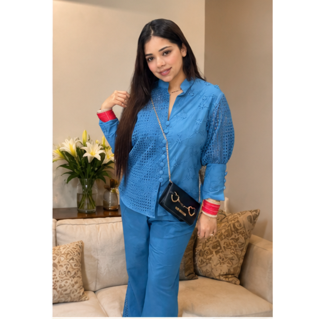 Women's Blue Embroidered Co-Ord Set with Straight Pants