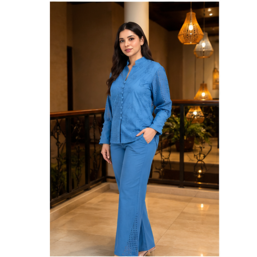 Women's Blue Embroidered Co-Ord Set with Straight Pants