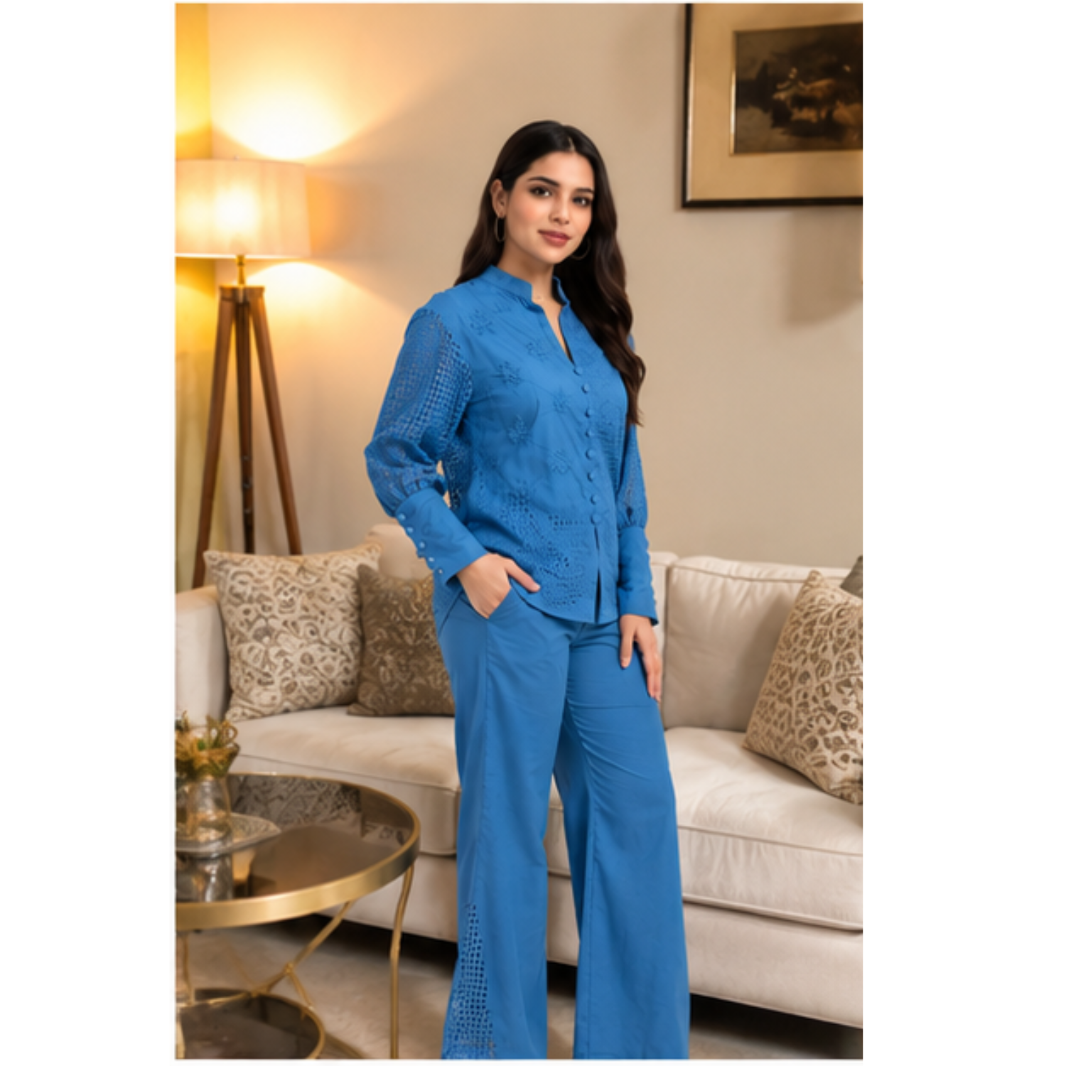 Women's Blue Embroidered Co-Ord Set with Straight Pants