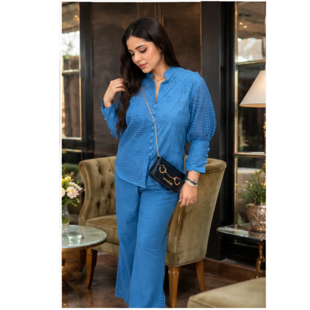 Women's Blue Embroidered Co-Ord Set with Straight Pants