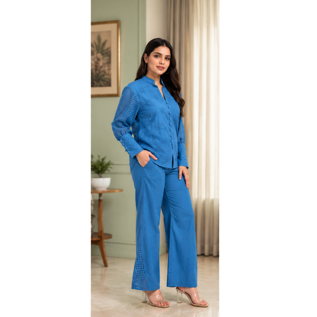 Women's Blue Embroidered Co-Ord Set with Straight Pants
