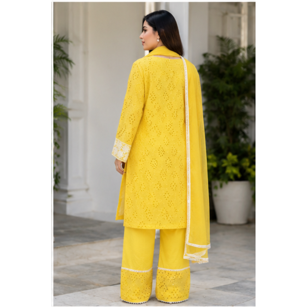 Women's Yellow Embroidered Kurta Palazzo Set with Dupatta