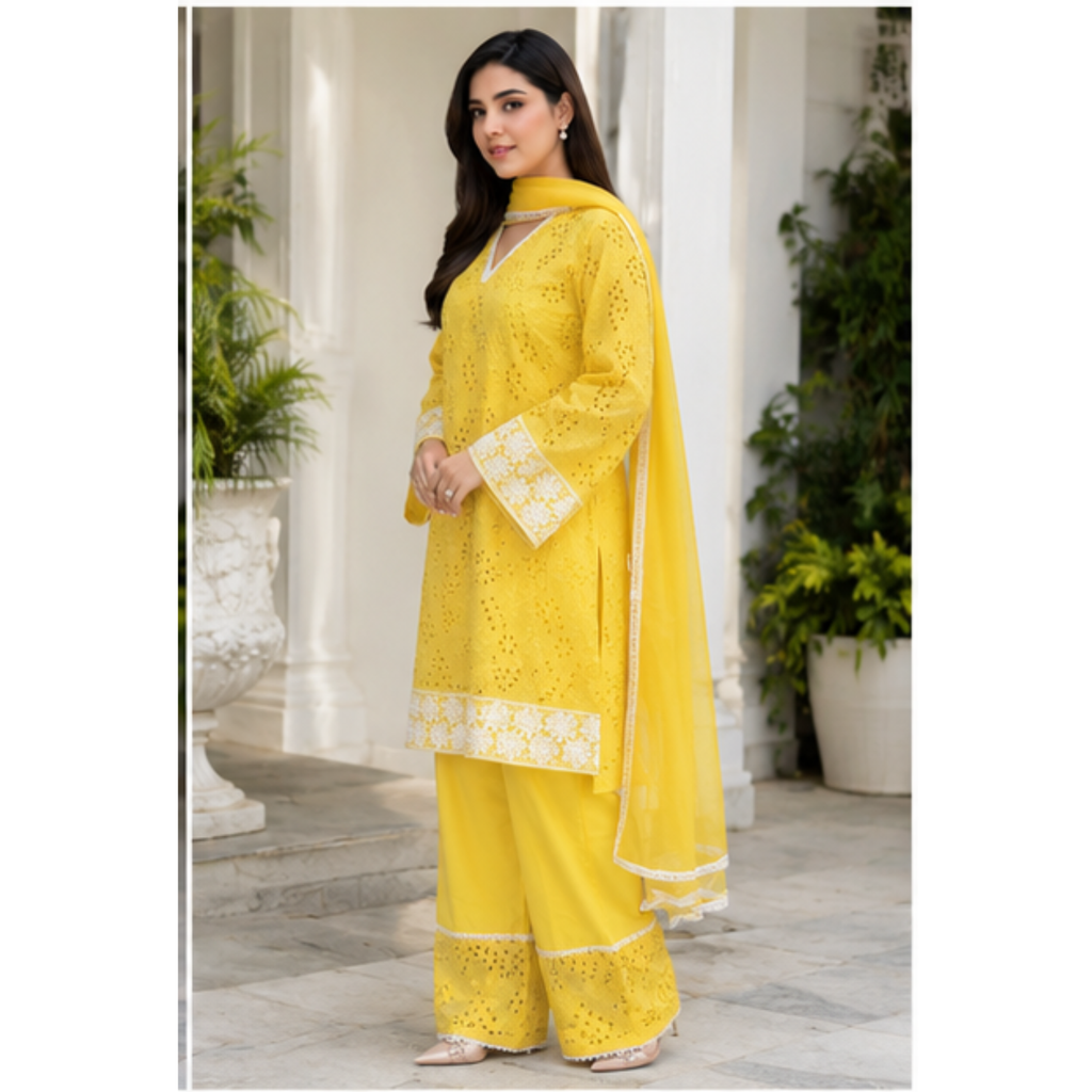 Women's Yellow Embroidered Kurta Palazzo Set with Dupatta