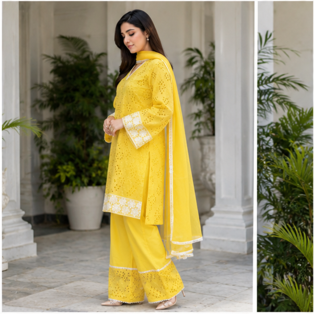 Women's Yellow Embroidered Kurta Palazzo Set with Dupatta