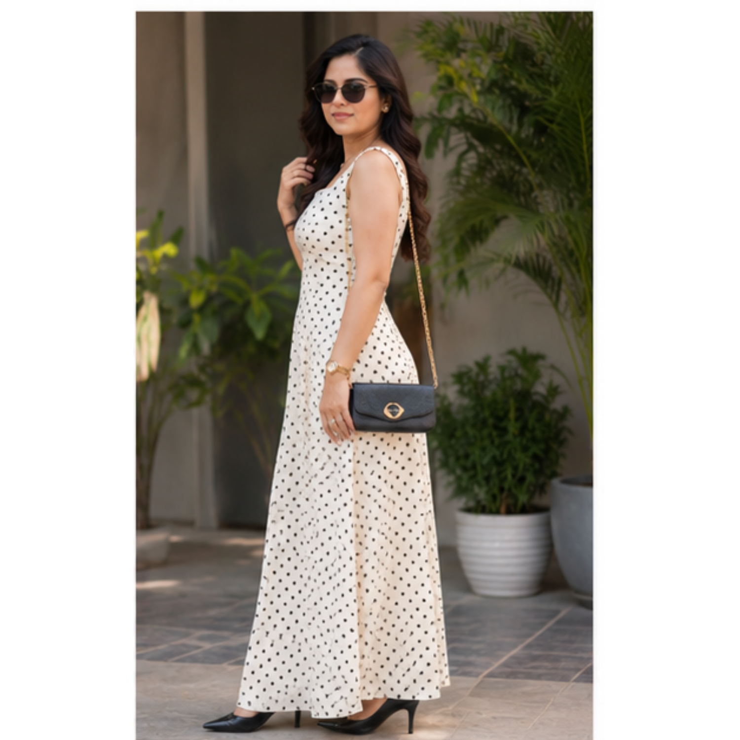 Women's White Polka Dot Sleeveless Maxi Dress