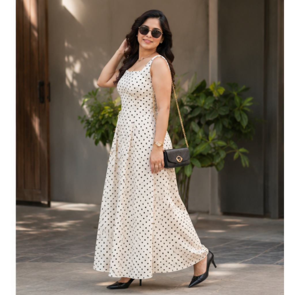 Women's White Polka Dot Sleeveless Maxi Dress