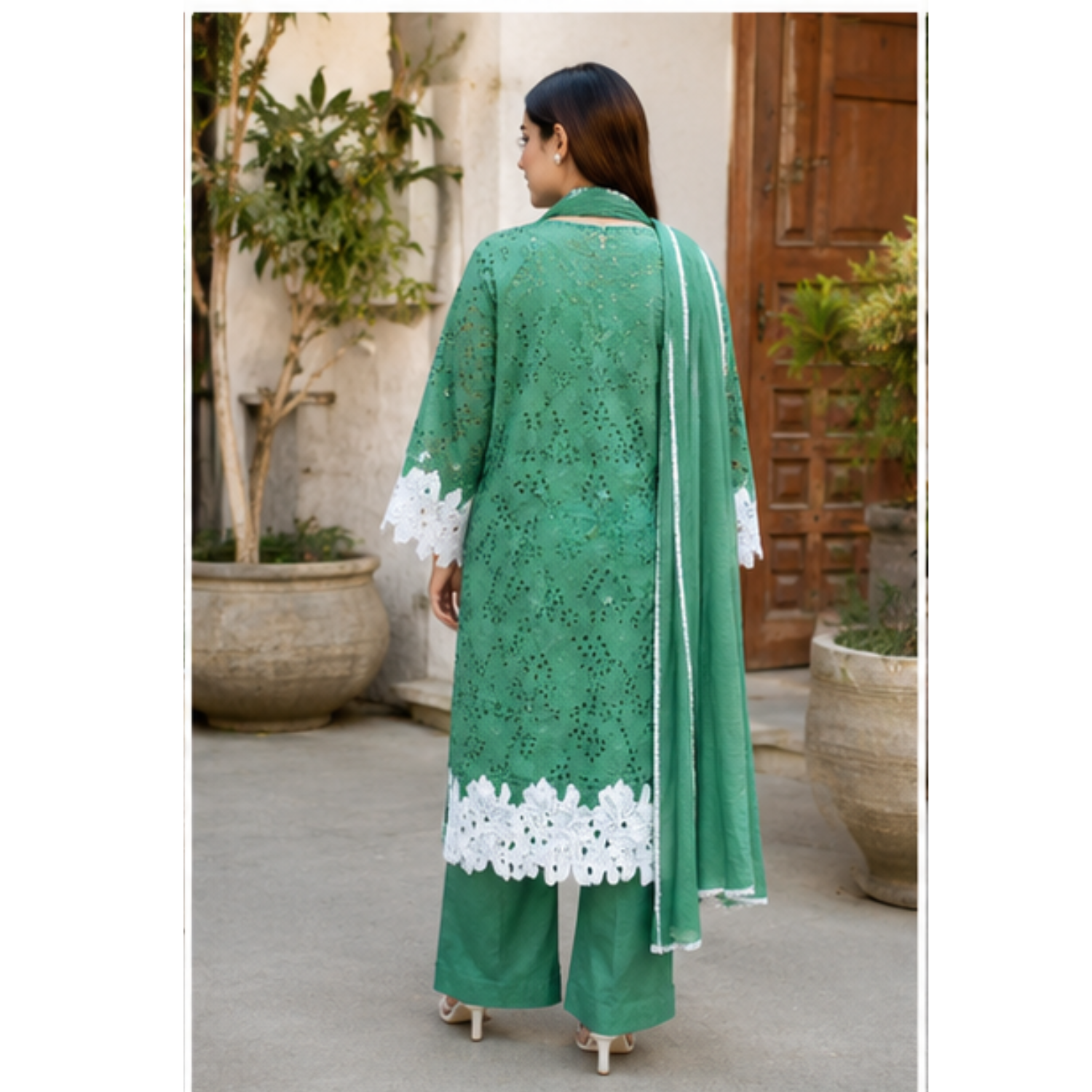 Women's Green Embroidered Kurta Palazzo Set with Dupatta