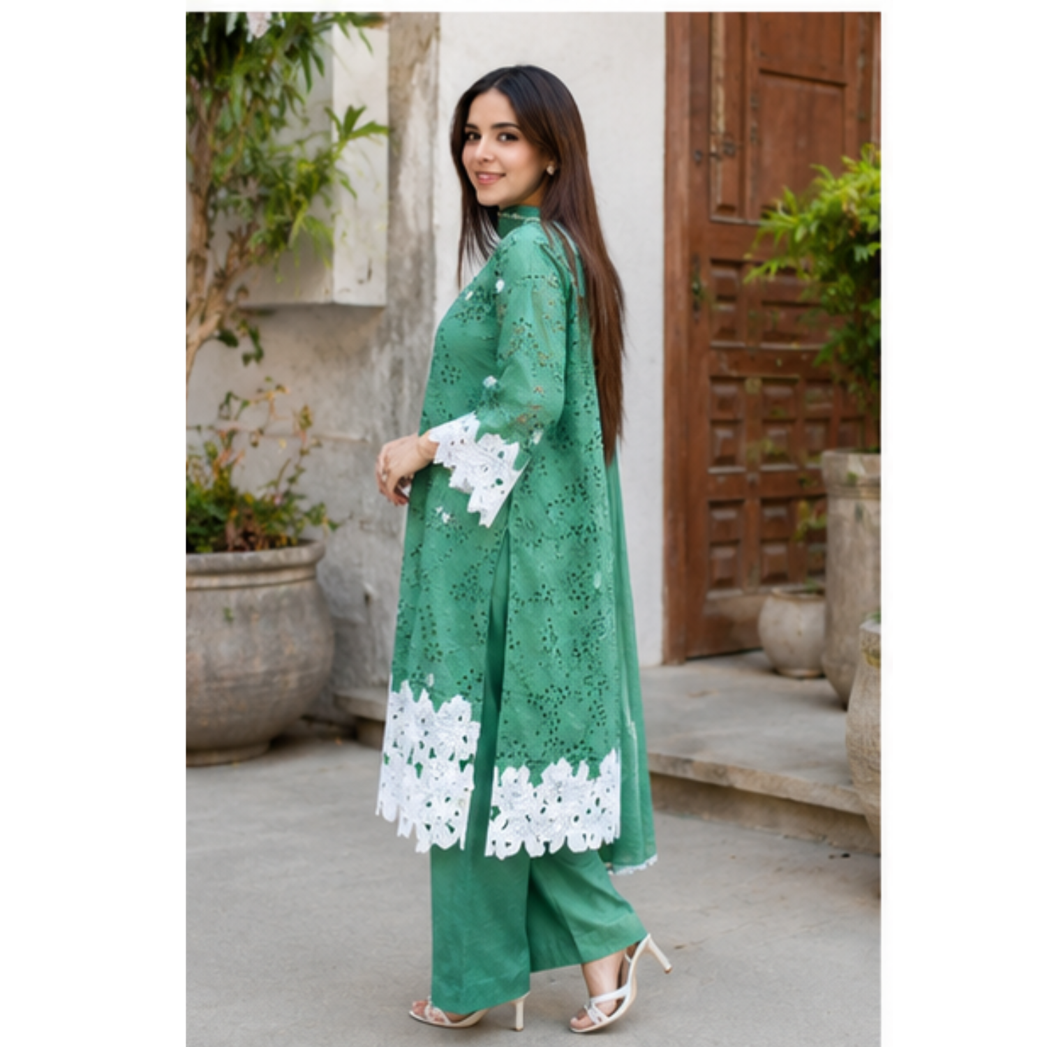 Women's Green Embroidered Kurta Palazzo Set with Dupatta
