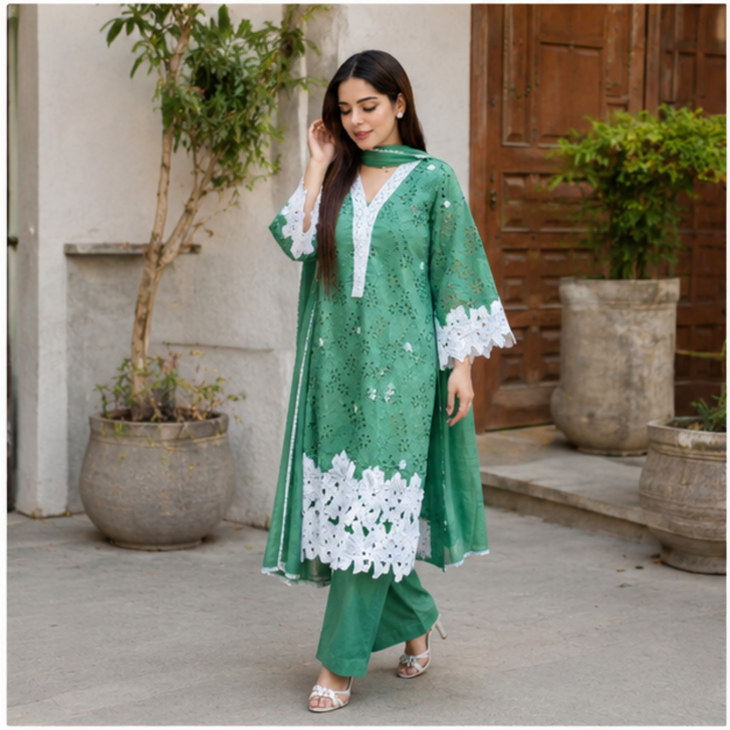 Women's Green Embroidered Kurta Palazzo Set with Dupatta