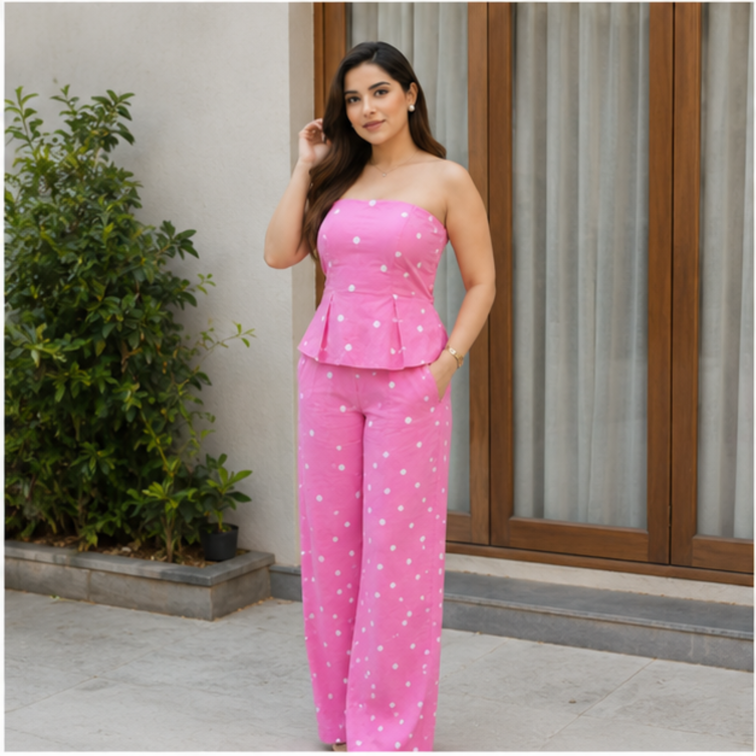 Women's Pink Polka Dot Strapless Co-Ord Set with Wide-Leg Pants
