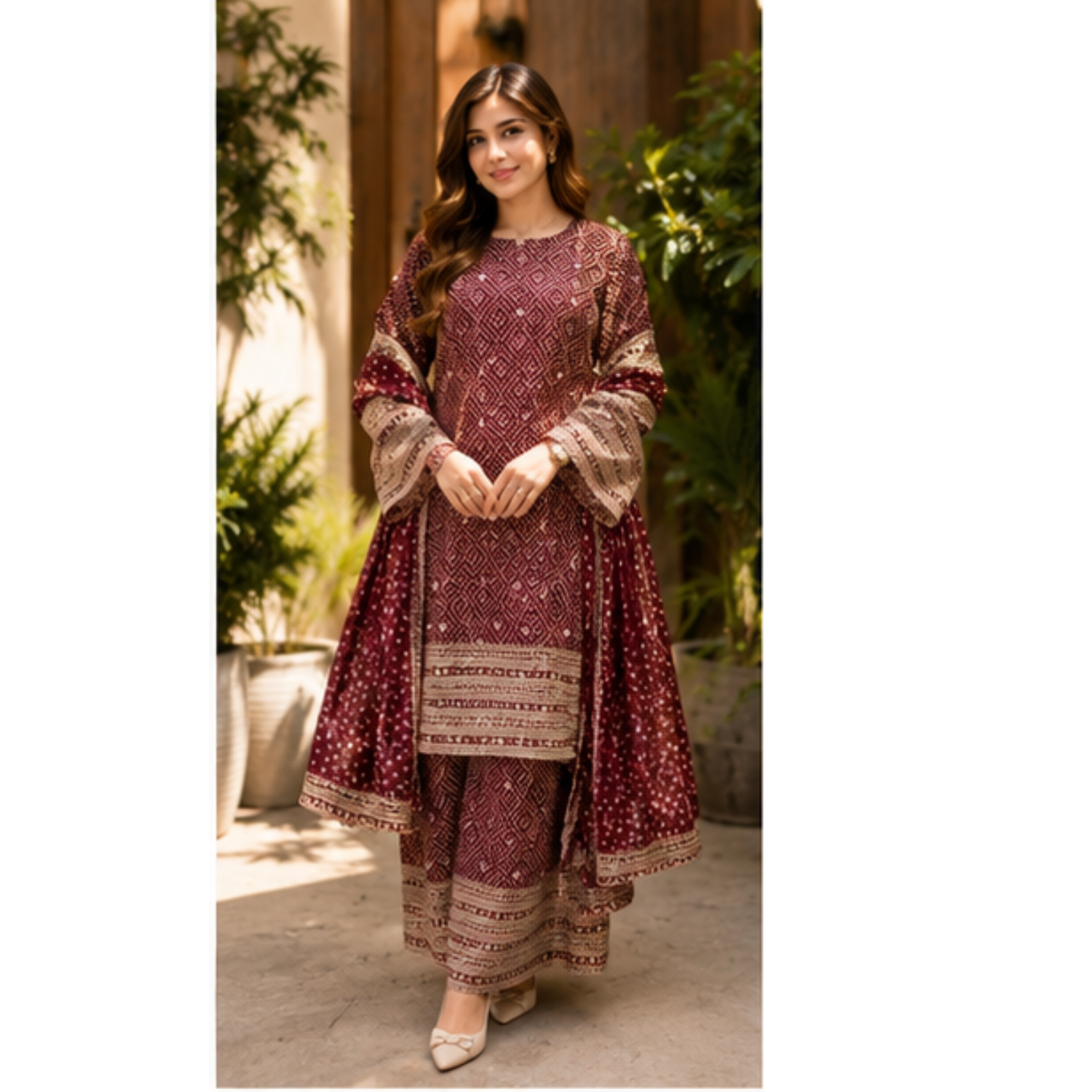 Women's Maroon Printed Kurta Palazzo Set with Dupatta