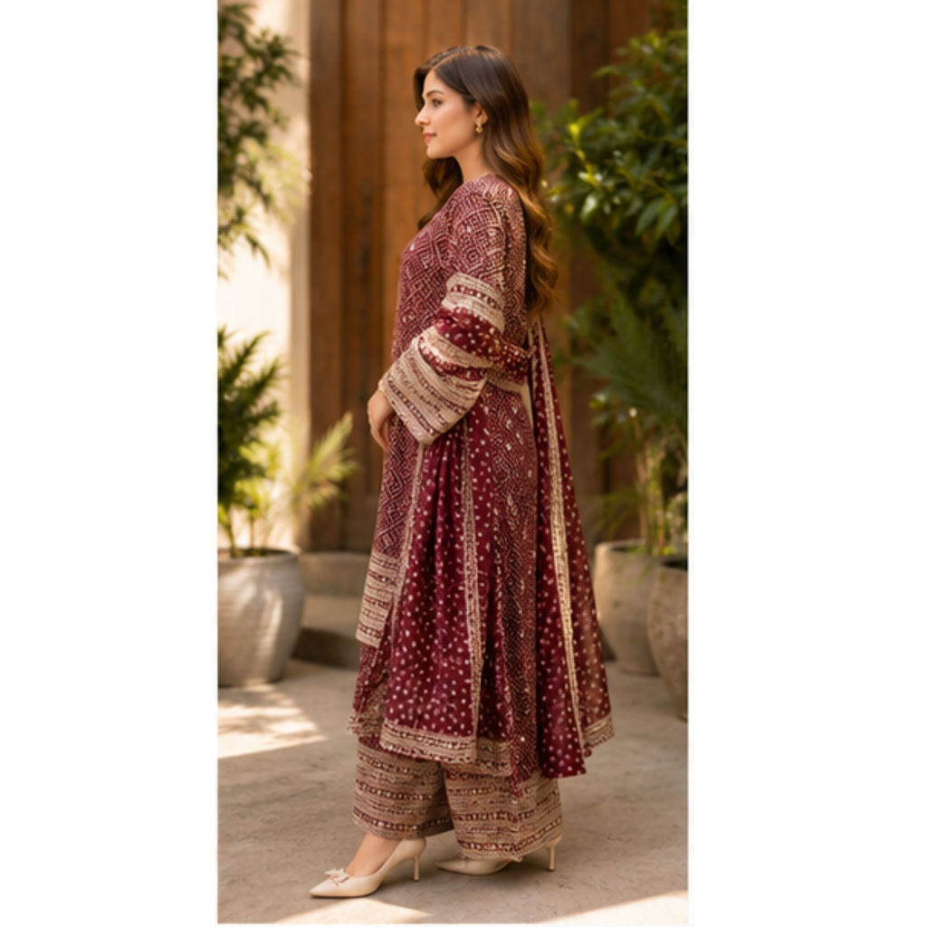 Women's Maroon Printed Kurta Palazzo Set with Dupatta
