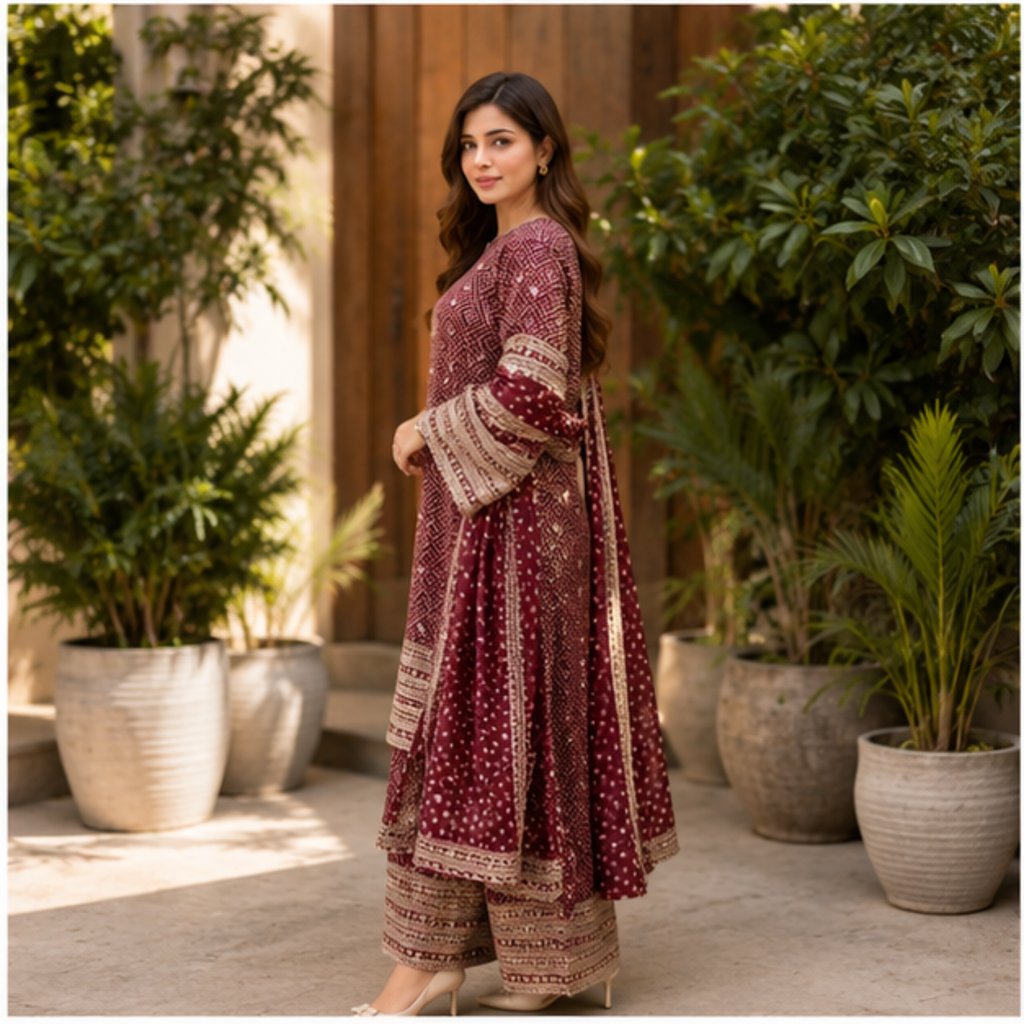 Women's Maroon Printed Kurta Palazzo Set with Dupatta