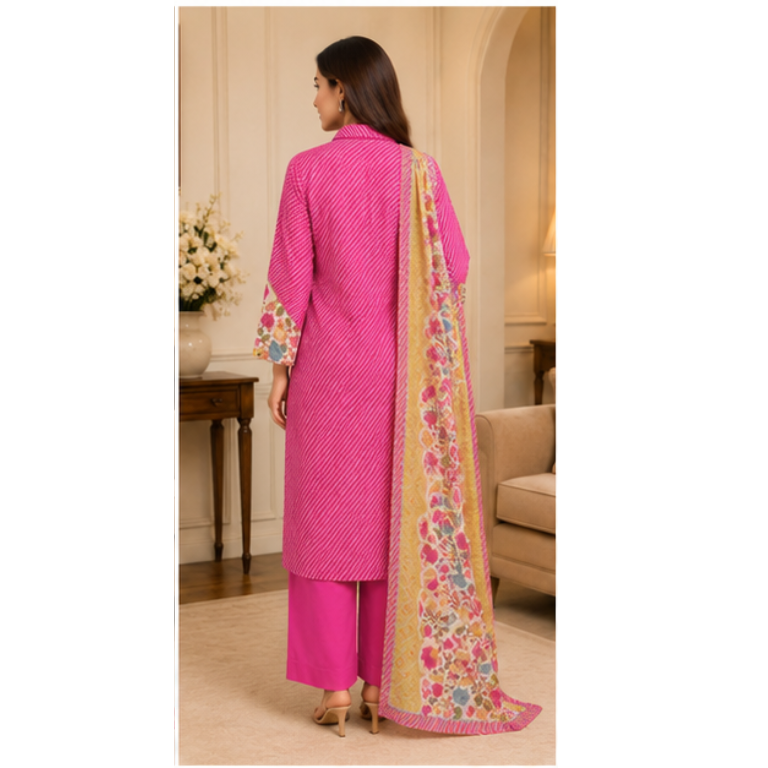 Women's Pink Printed Kurta Pant Set with Floral Dupatta