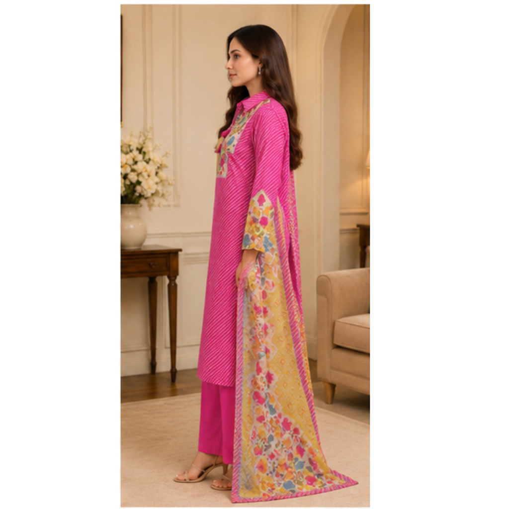 Women's Pink Printed Kurta Pant Set with Floral Dupatta