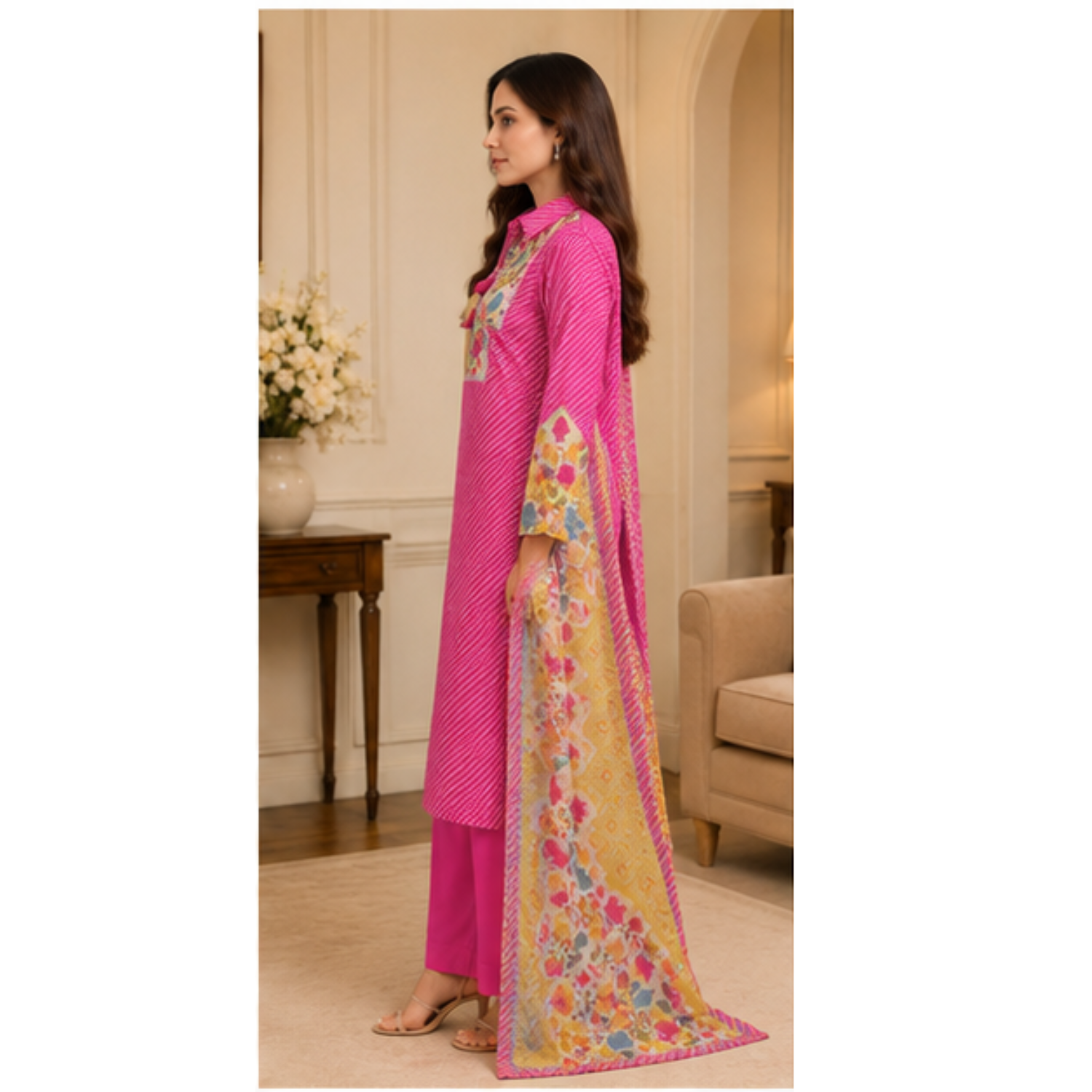 Women's Pink Printed Kurta Pant Set with Floral Dupatta