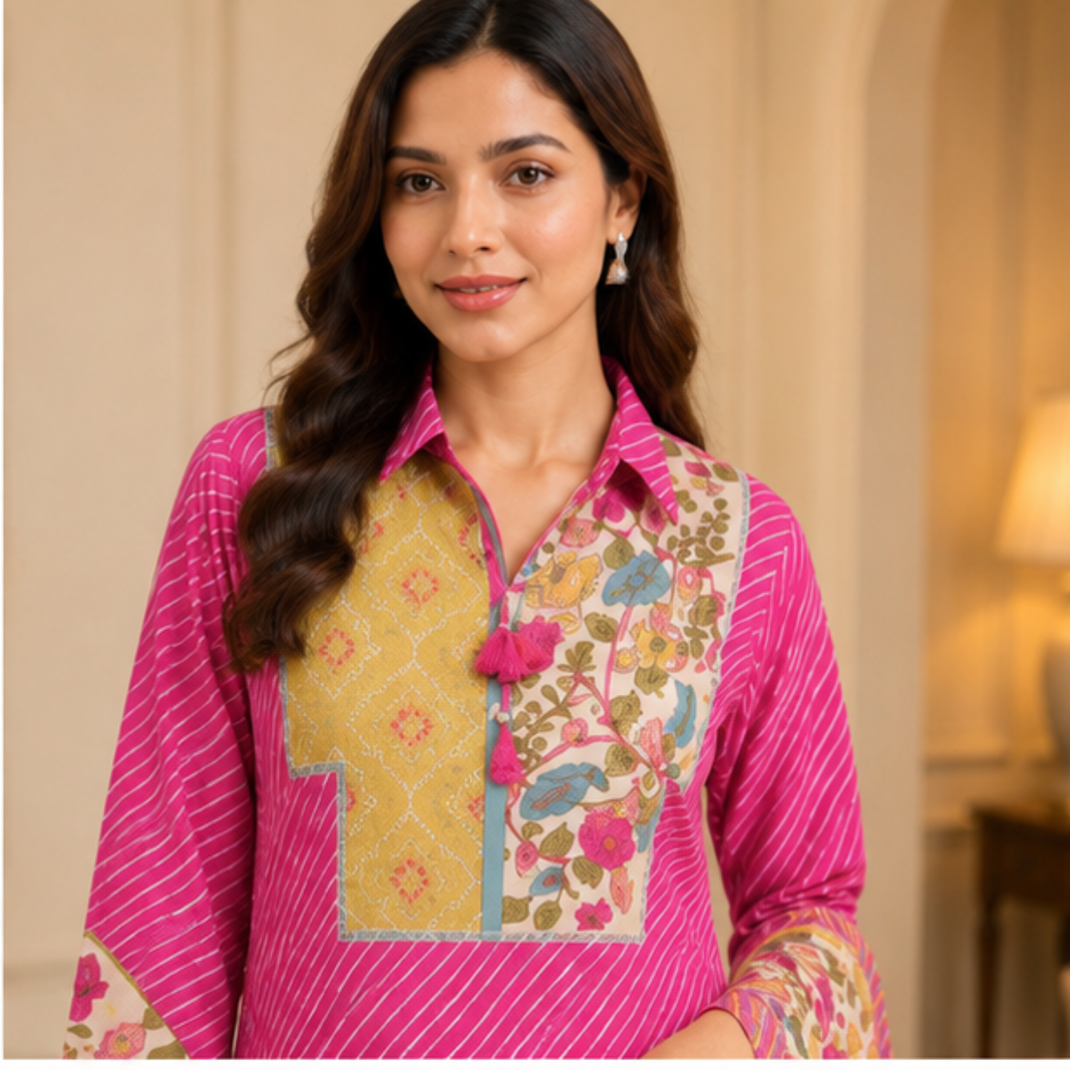 Women's Pink Printed Kurta Pant Set with Floral Dupatta
