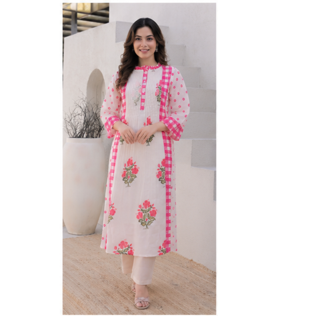 White & Pink Floral Printed Cotton Kurta Set for Women