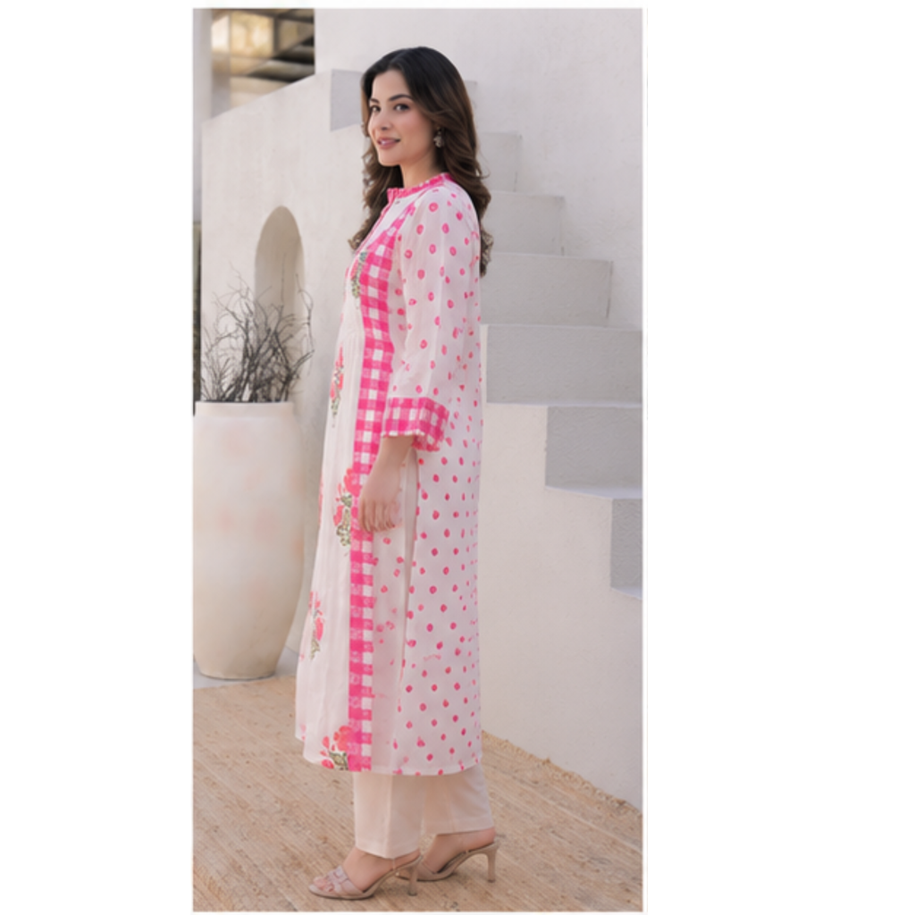 White & Pink Floral Printed Cotton Kurta Set for Women