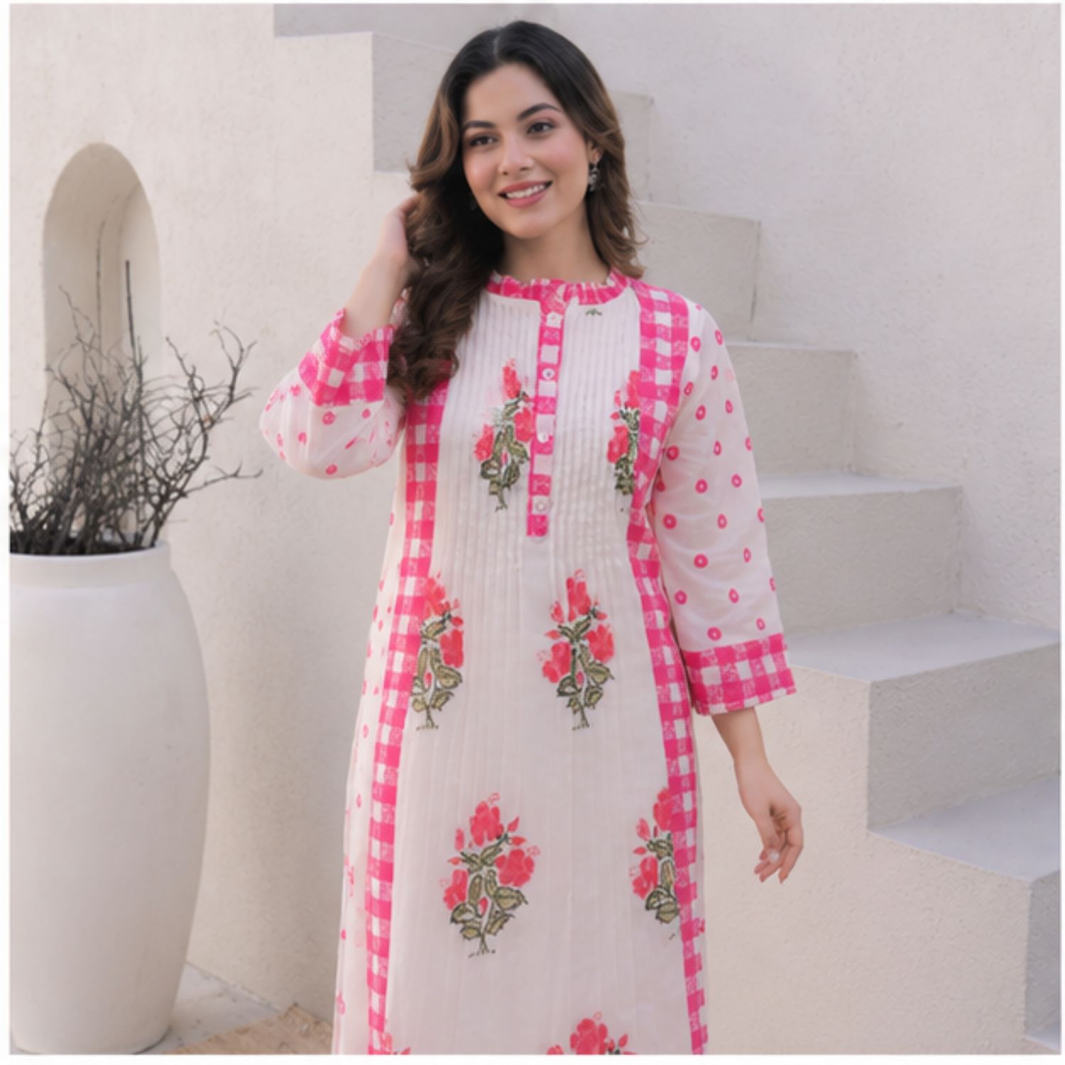 White & Pink Floral Printed Cotton Kurta Set for Women