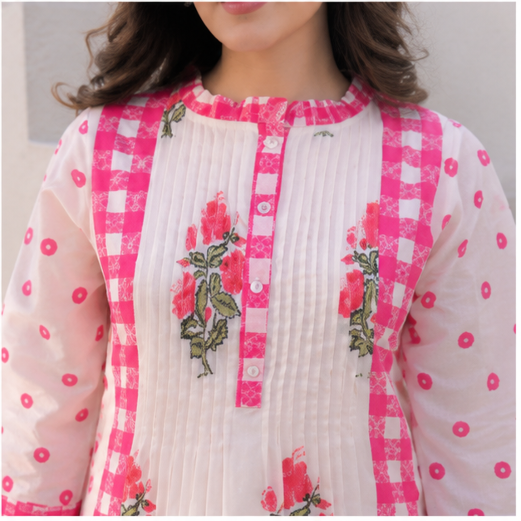 White & Pink Floral Printed Cotton Kurta Set for Women