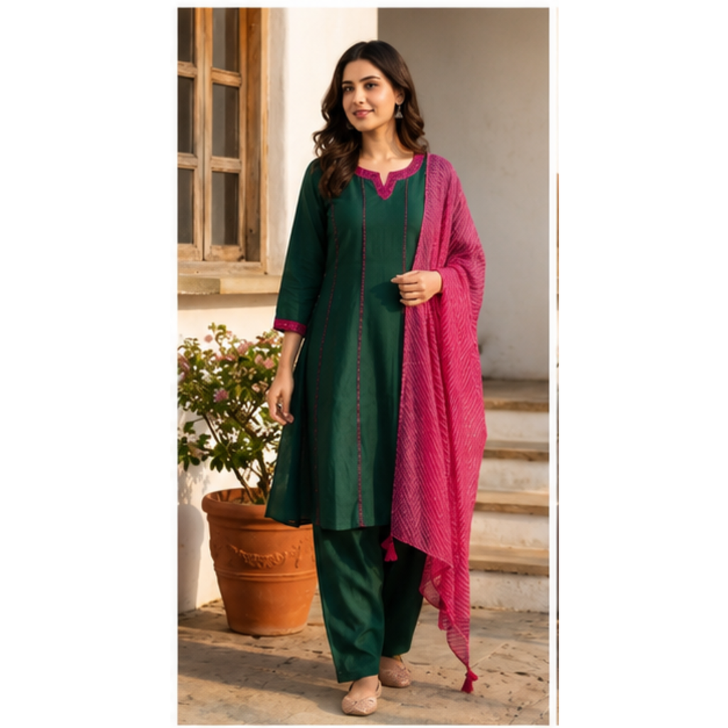 Women's Green Kurta Pant Set with Pink Dupatta