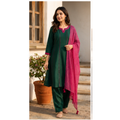 Women's Green Kurta Pant Set with Pink Dupatta