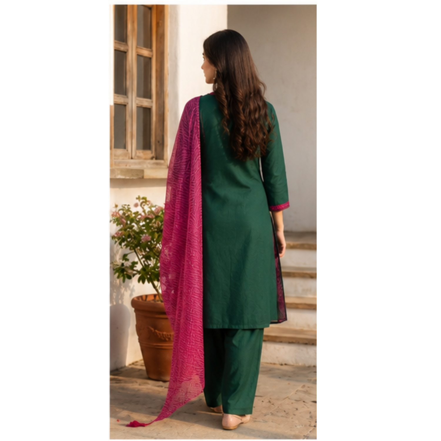 Women's Green Kurta Pant Set with Pink Dupatta