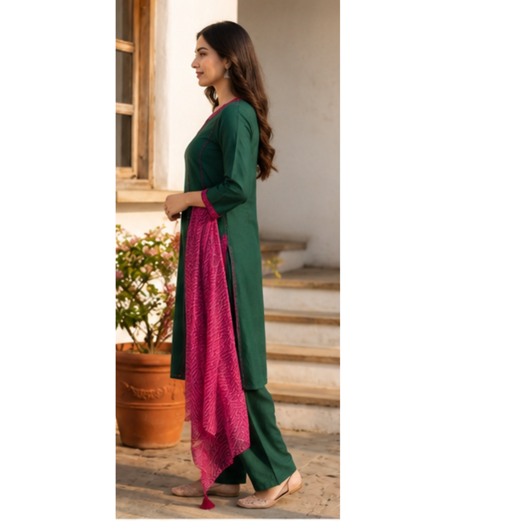 Women's Green Kurta Pant Set with Pink Dupatta