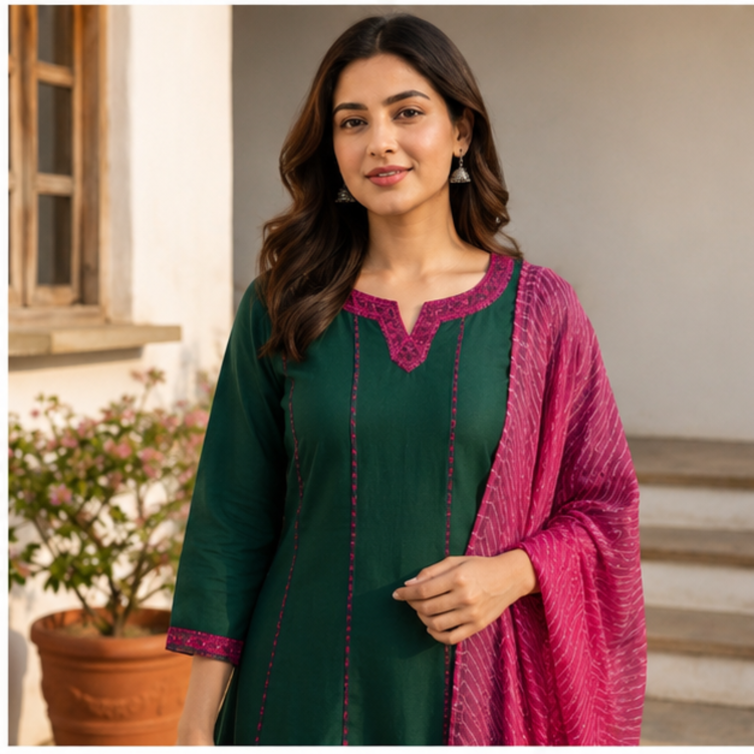 Women's Green Kurta Pant Set with Pink Dupatta