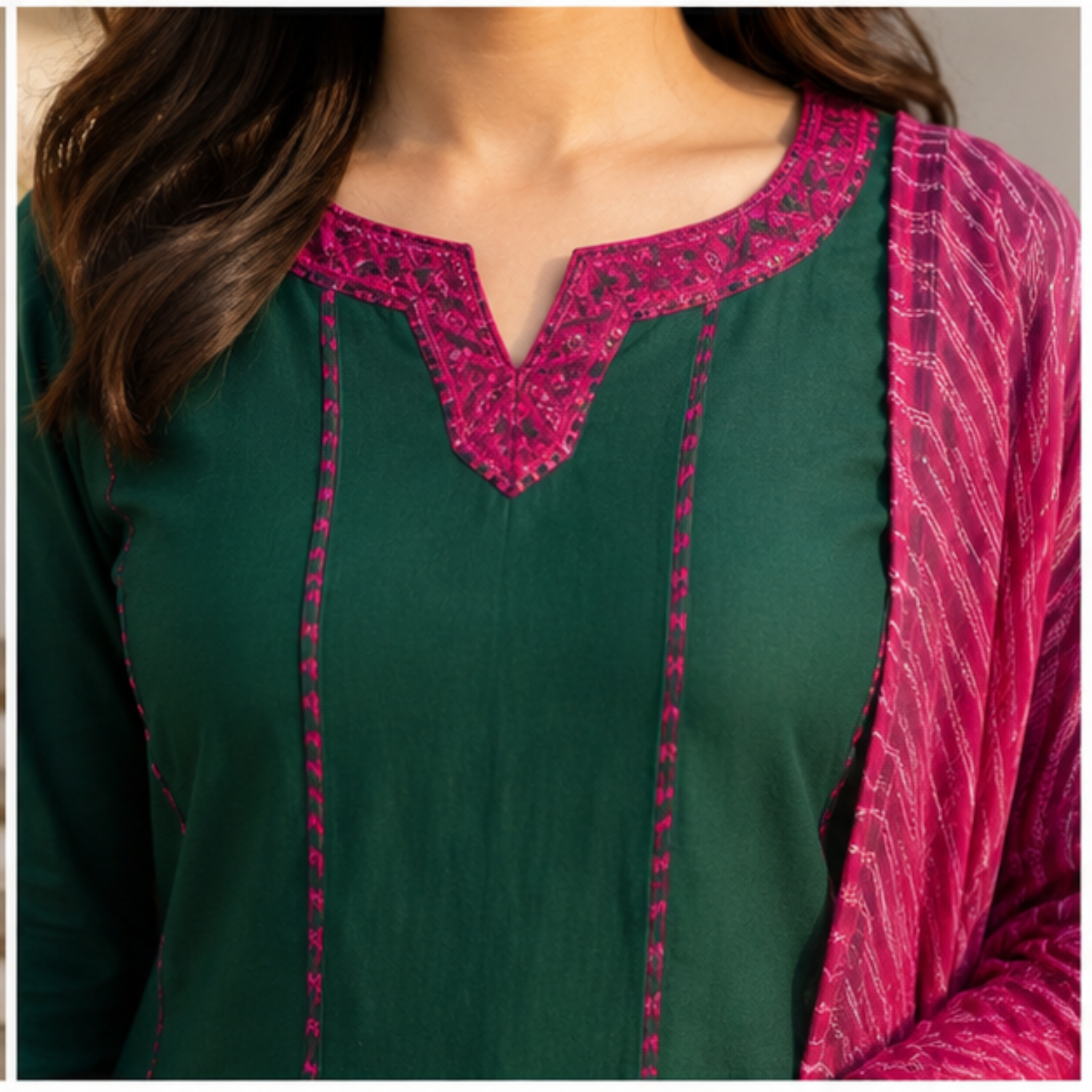 Women's Green Kurta Pant Set with Pink Dupatta