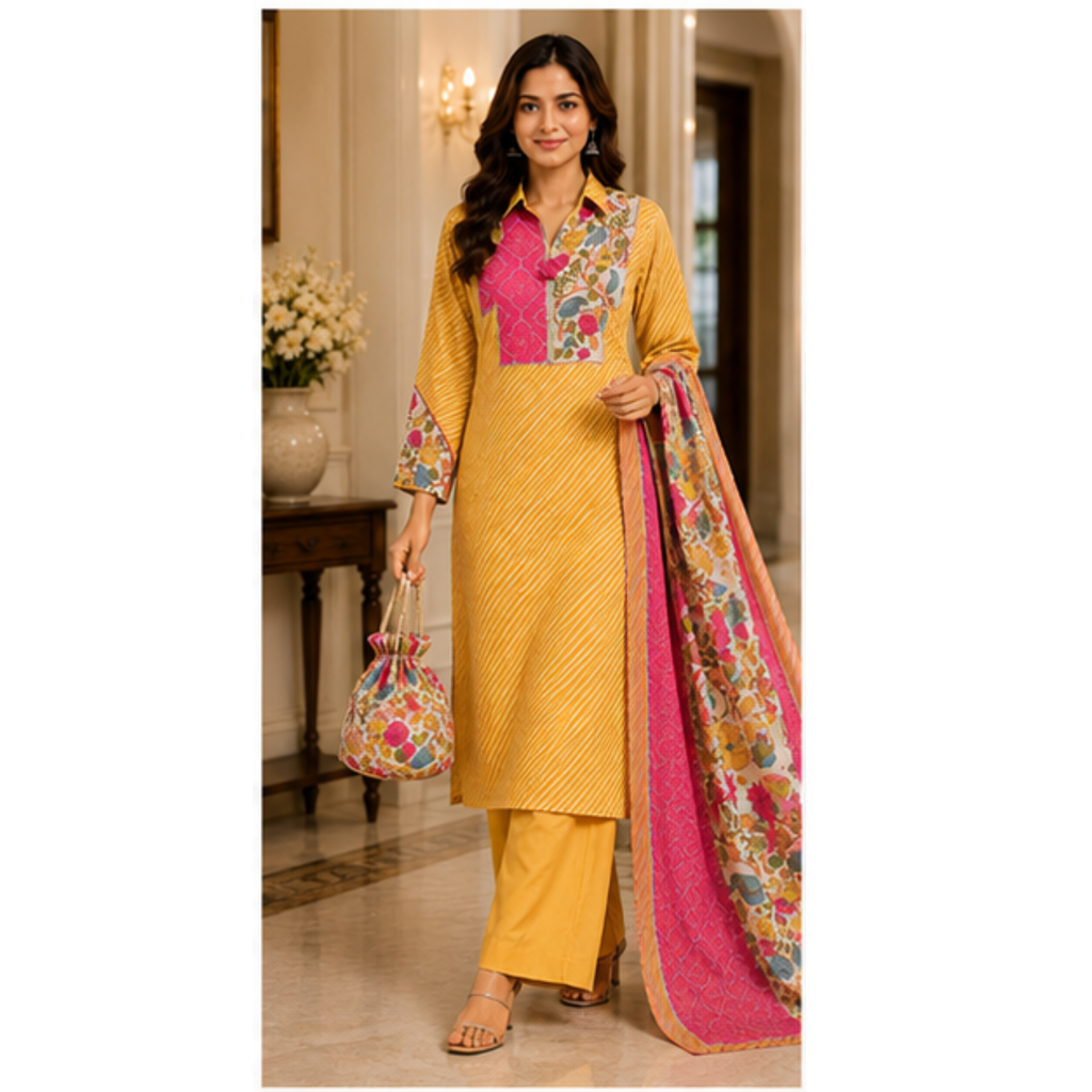 Women's Mustard Printed Kurta Pant Set with Floral Dupatta